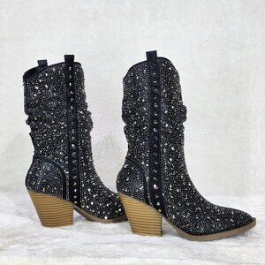 Angel Riders Rhinestones Country Glam Western Cowgirl Slouch Calf Boots Pewter